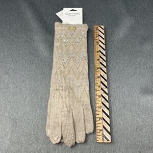 NWT Calvin Klein Women’s Long Gloves Beige Knit Embellished Zigzag Rhinestone